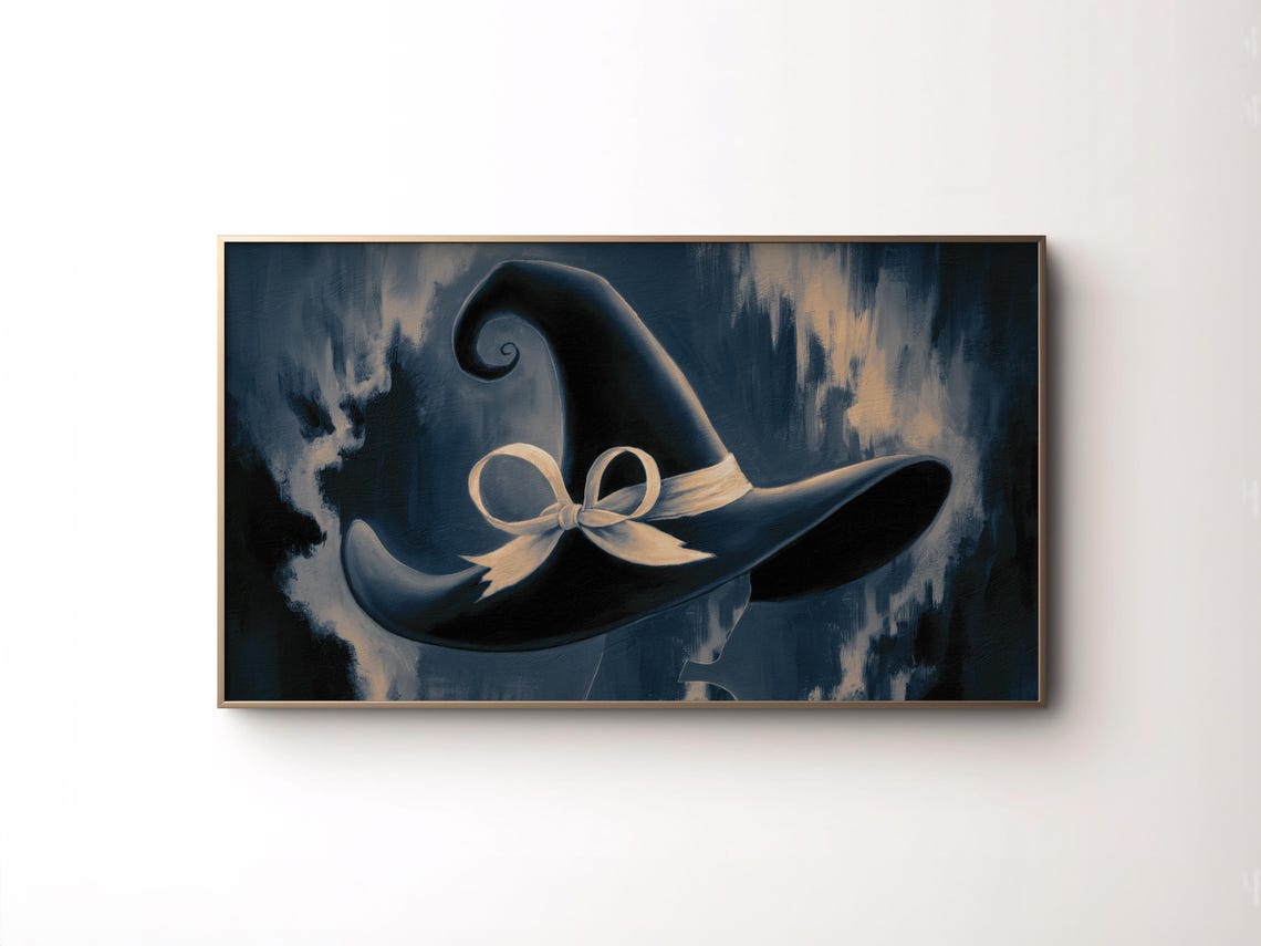 Black Witch Hat Cream Bow Dark Moody Navy Halloween Witchy Art Poster