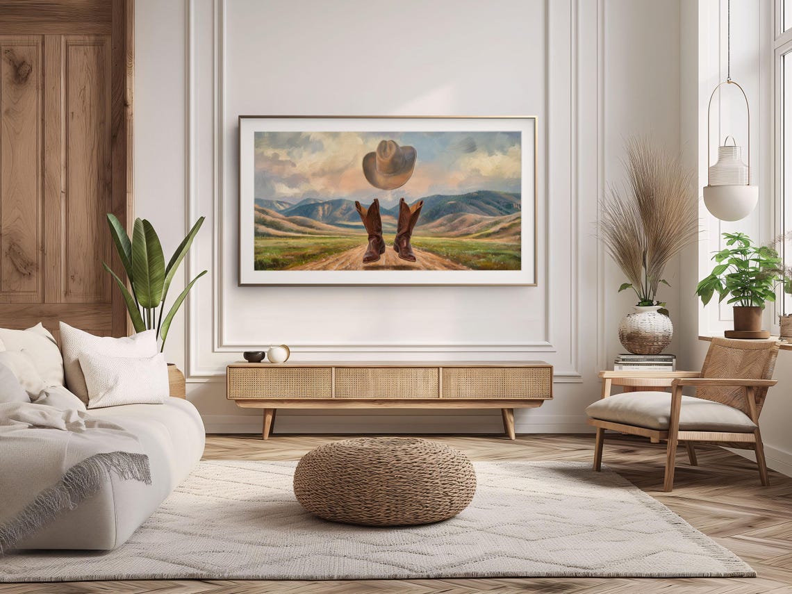 Floating Cowboy Boots Hat Western Mountain Road Sunset Painting Poster - Image 3