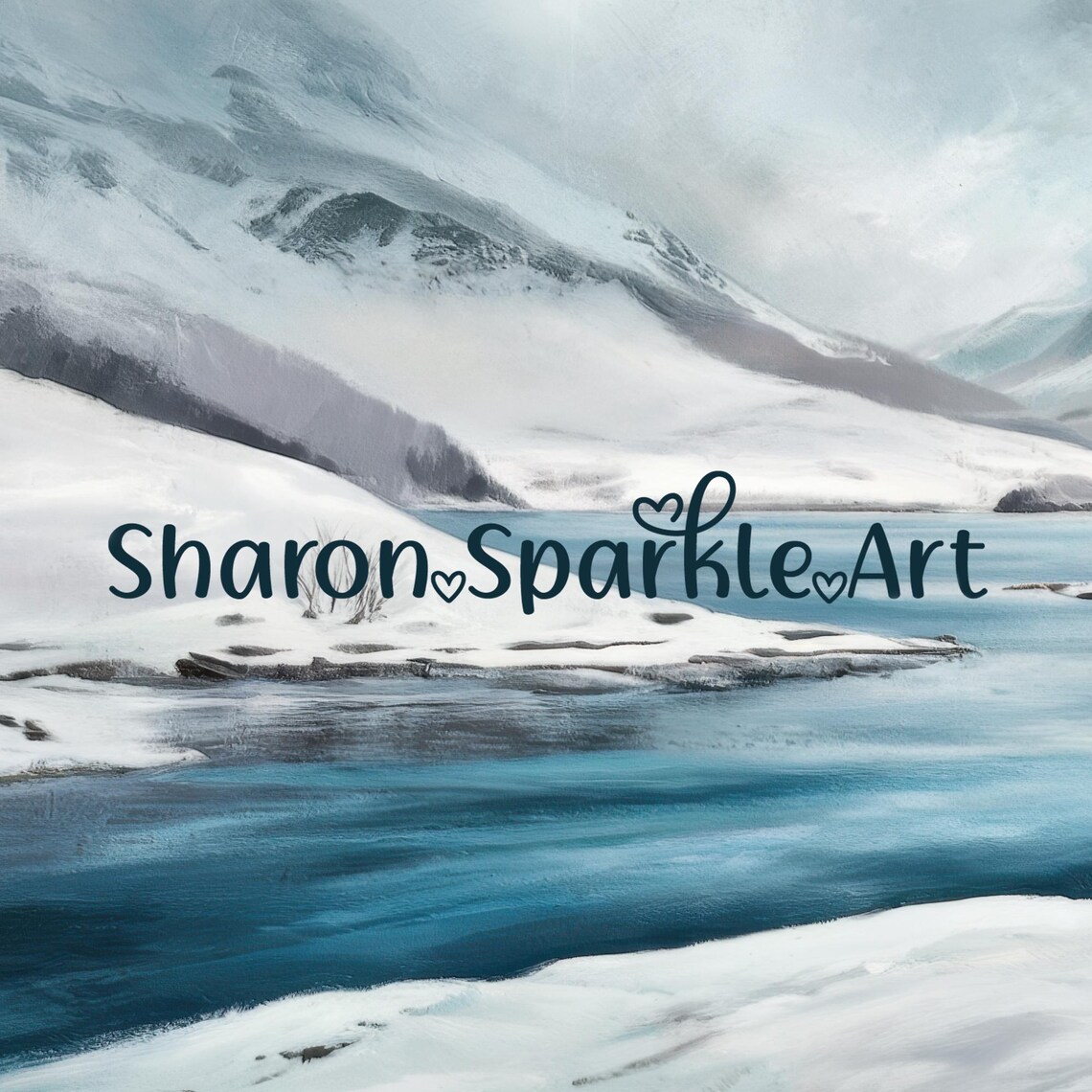 Snowy Mountain Lake Teal Water Misty Peaks Winter Landscape Poster - Image 4