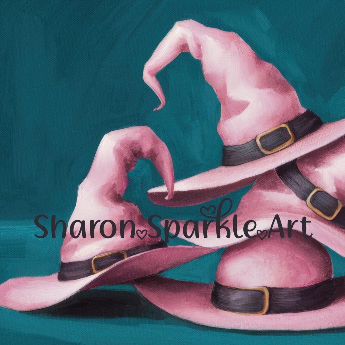 Pink Witch Hats Teal Background Halloween Witchy Painting Art Poster - Image 3