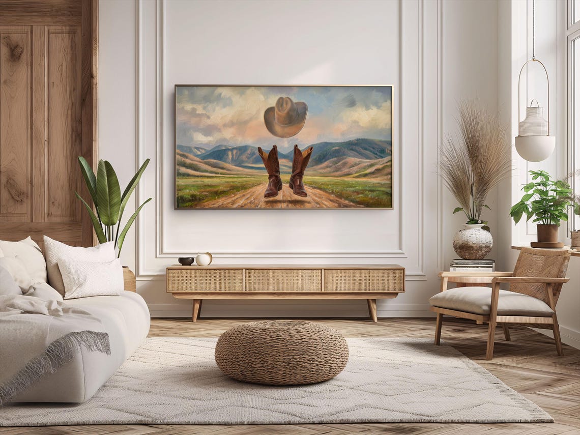 Floating Cowboy Boots Hat Western Mountain Road Sunset Painting Poster - Image 2
