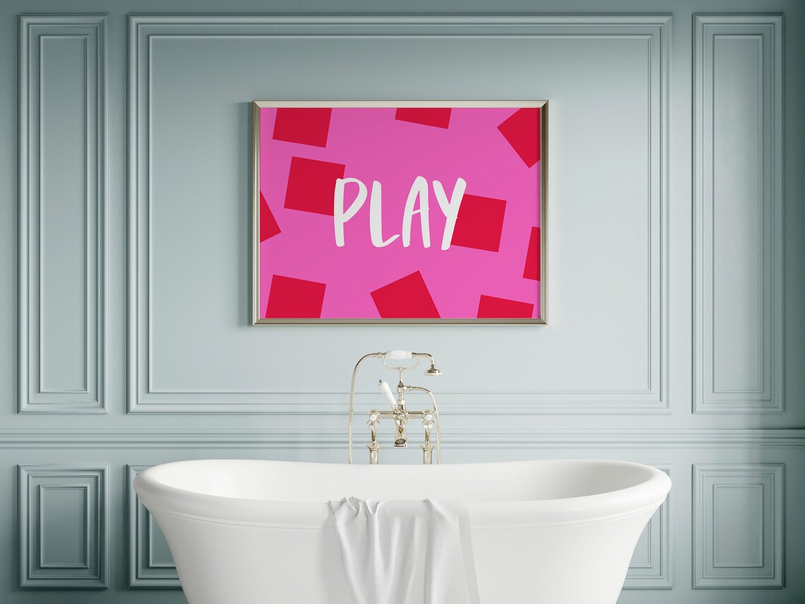 Play White Script On Hot Pink Geometric Retro Bold Minimalist Wall Poster - Image 5