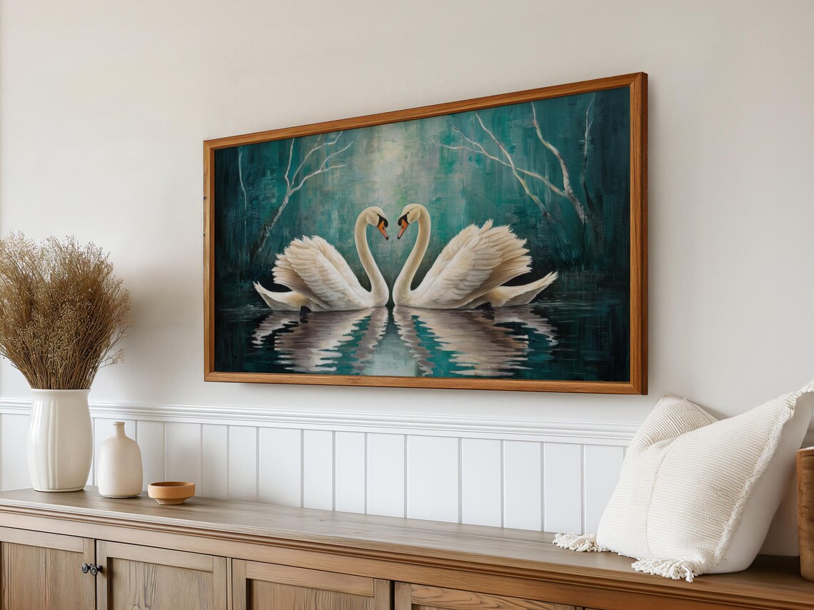 White Swans Heart Necks Teal Winter Lake Romantic Painting Poster - Image 4
