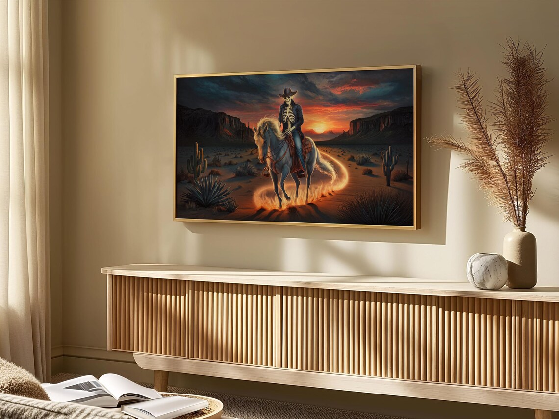 Skeleton Cowboy Horse Desert Sunset Western Halloween Painting Art Poster - Image 3