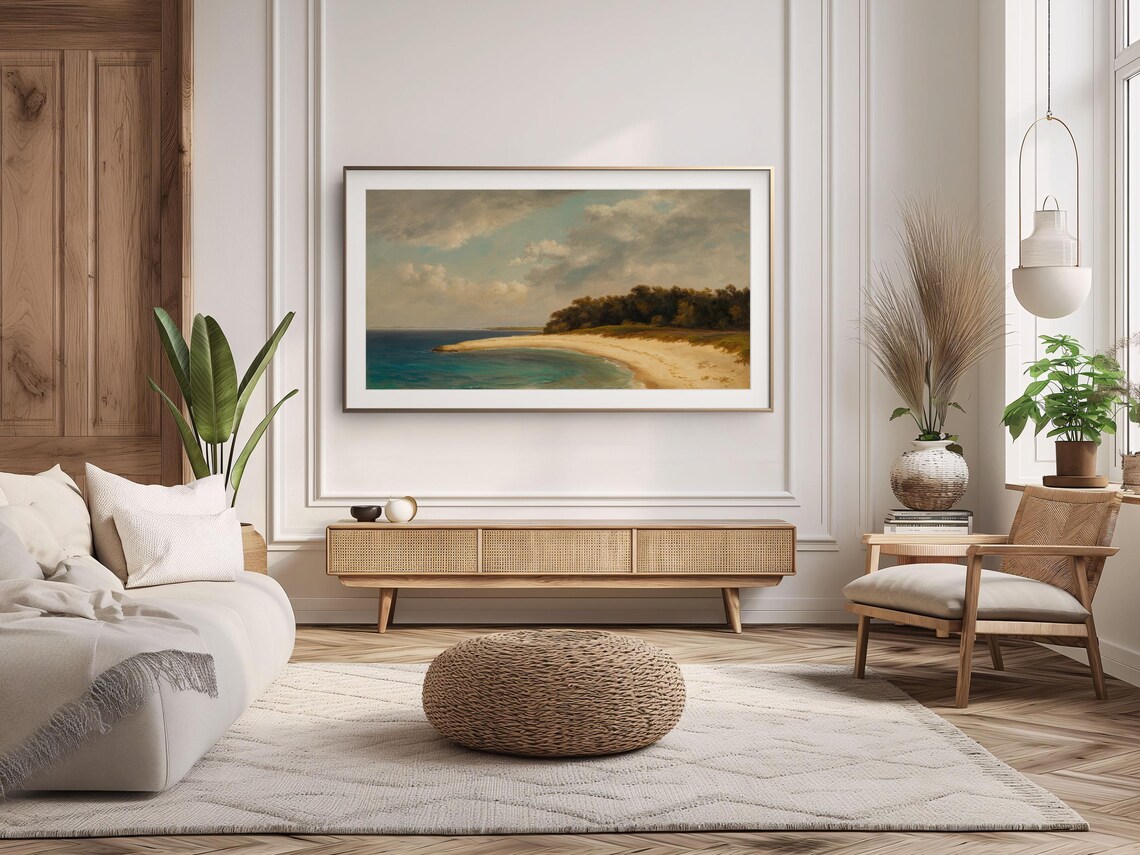 Vintage Coastal Beach Cove Turquoise Ocean Neutral Seascape Art Poster - Image 2