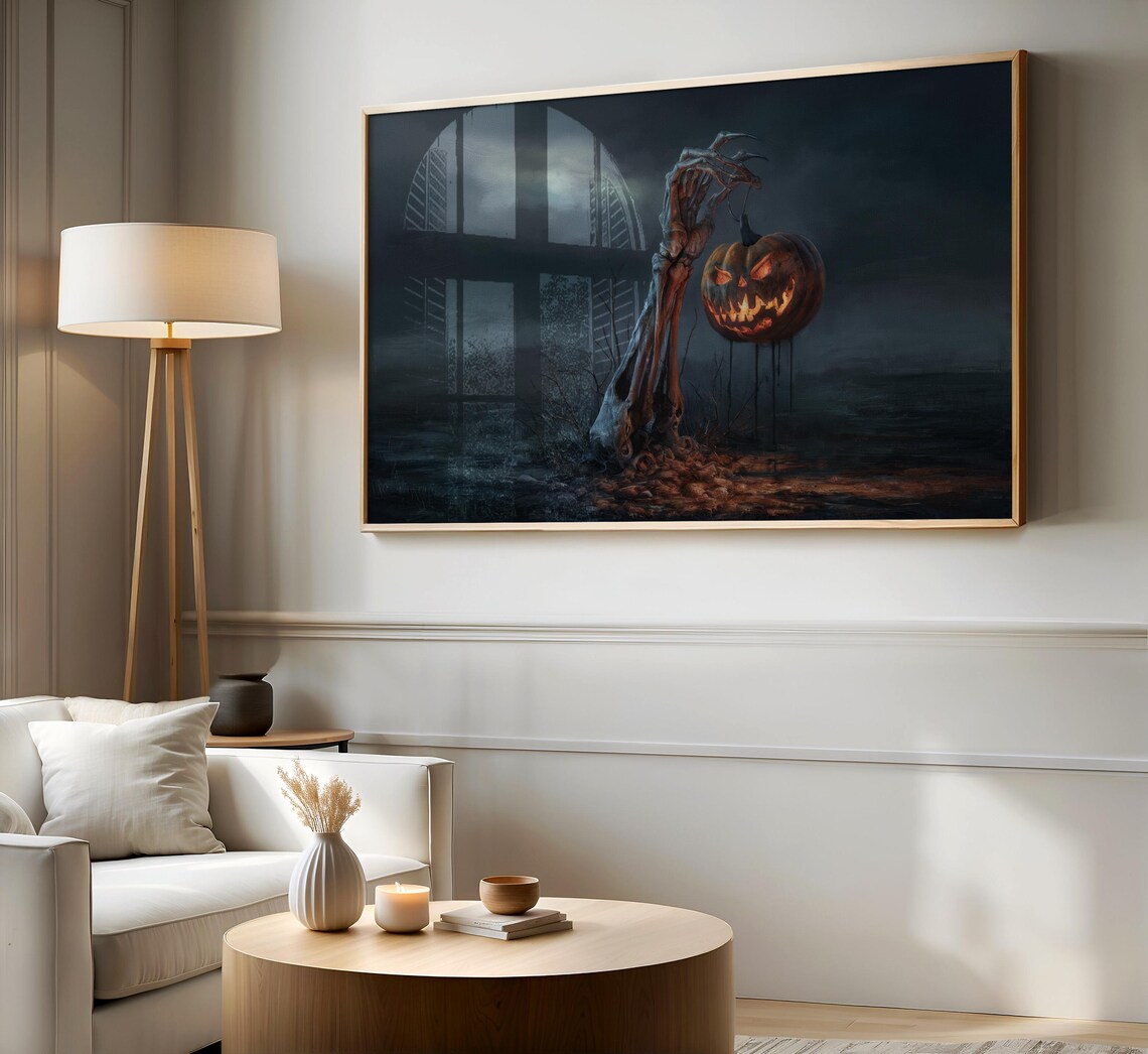 Skeleton Hand Holding Jack O Lantern Dark Stormy Halloween Night Poster - Image 2