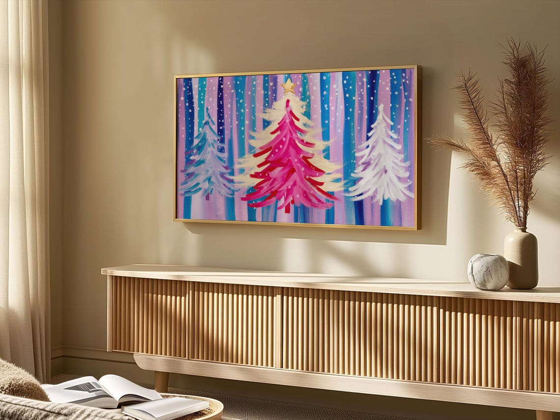 Pink Blue White Whimsical Christmas Trees Snowy Abstract Poster - Image 5