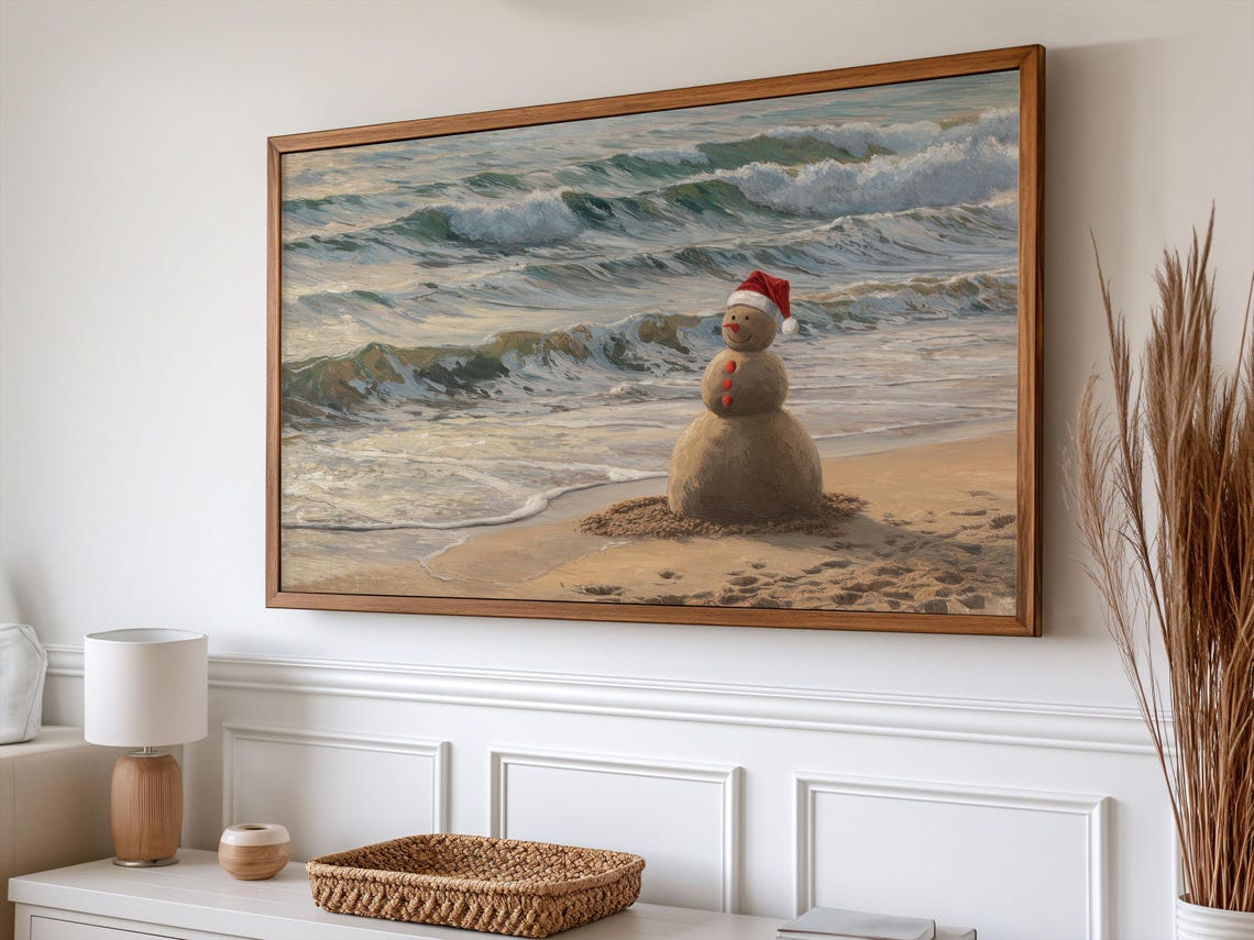 Sand Snowman Santa Hat Beach Waves Coastal Christmas Painting Poster