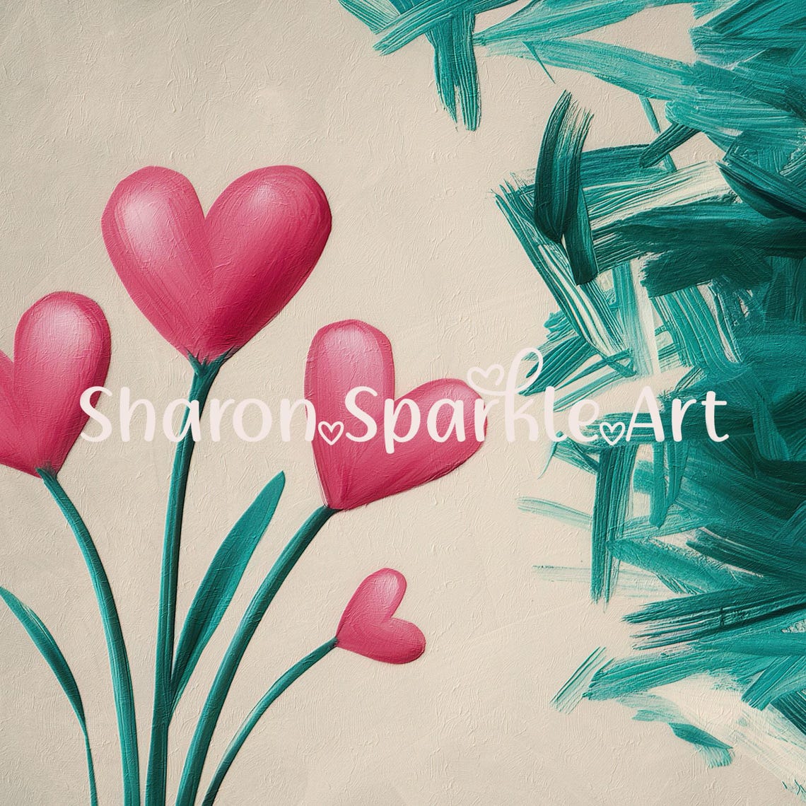 Pink Heart Flowers Teal Green Abstract Romantic Valentine Poster - Image 4
