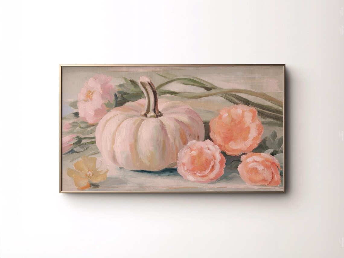 White Pumpkin Pink Peonies Floral Fall Painting Vintage Autumn Art Poster