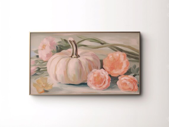 White Pumpkin Pink Peonies Floral Fall Painting Vintage Autumn Art Poster