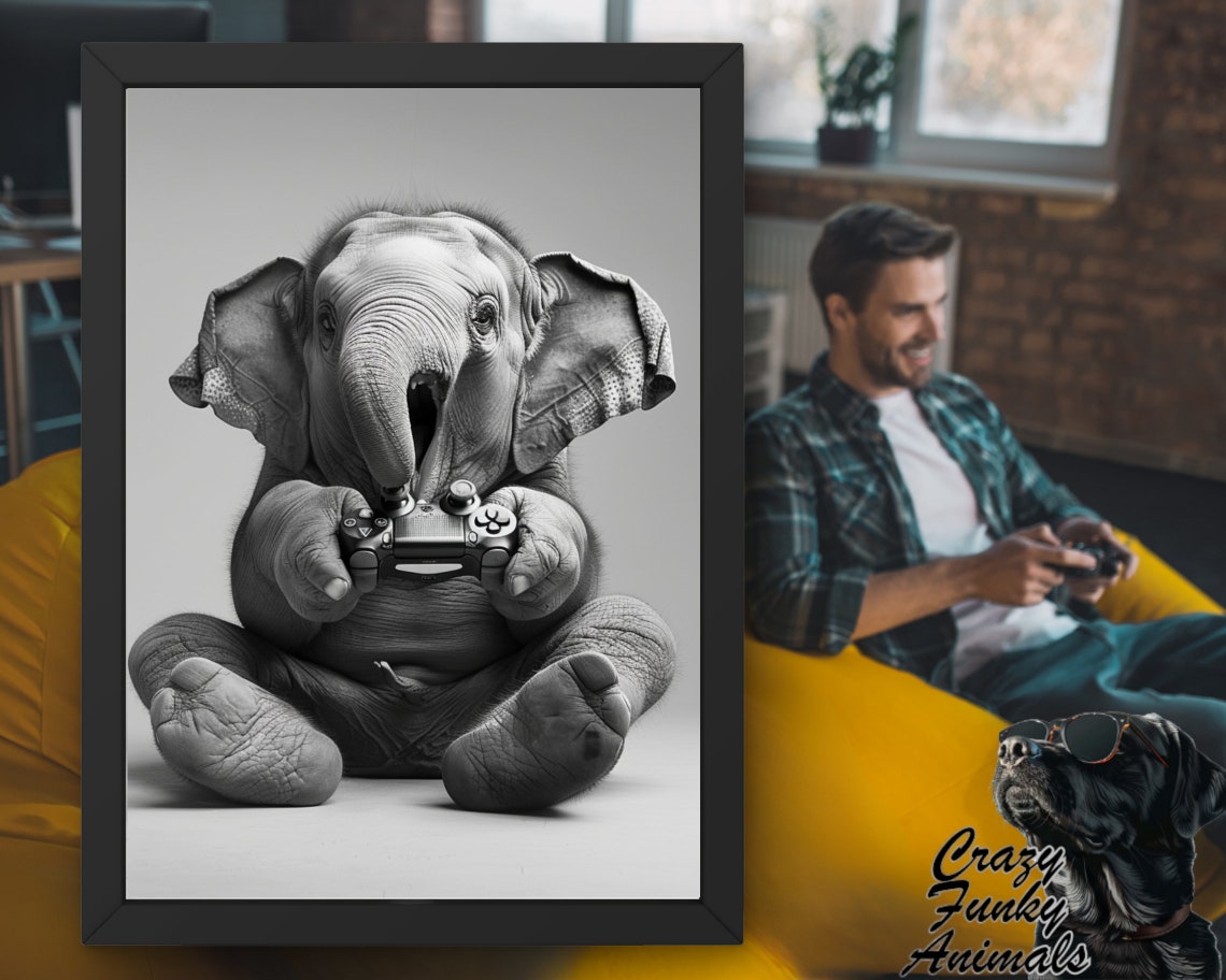 Baby Elephant Gamer Holding a Video Game Controller Funny Poster - Image 2