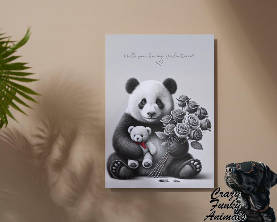 Panda Hugging a Teddy Bear with a Rose Bouquet Funny Valentine Poster - Image 2