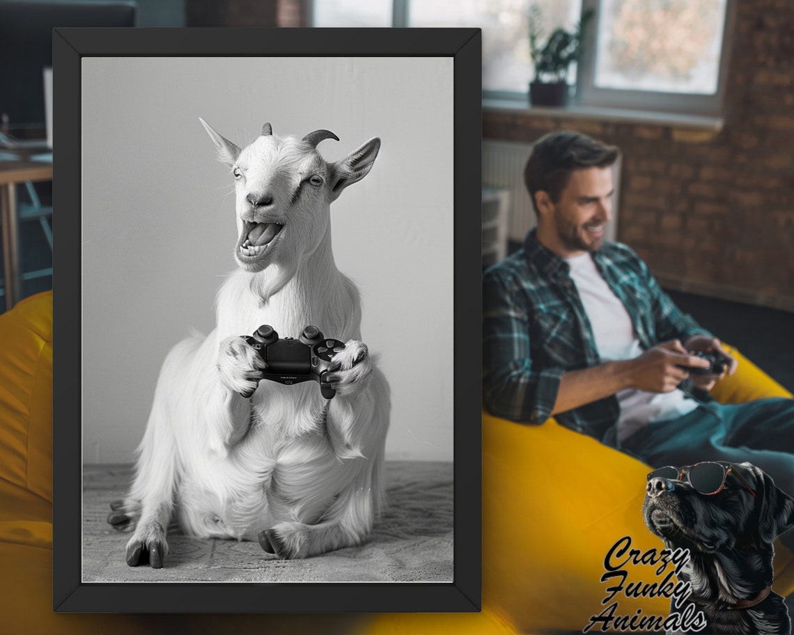 Grinning Goat Gamer Holding a Video Game Controller Funny Poster - Image 2