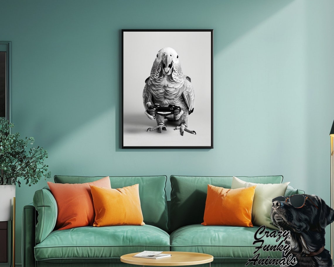 Parrot Holding Video Game Controller Monochrome Funny Gaming Poster - Image 2