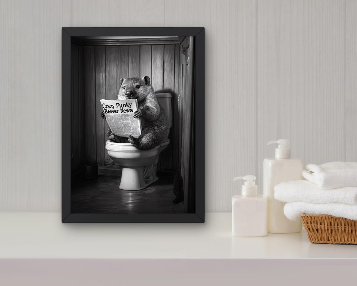 Funny Beaver Reading Newspaper on the Toilet Bathroom Humor Poster