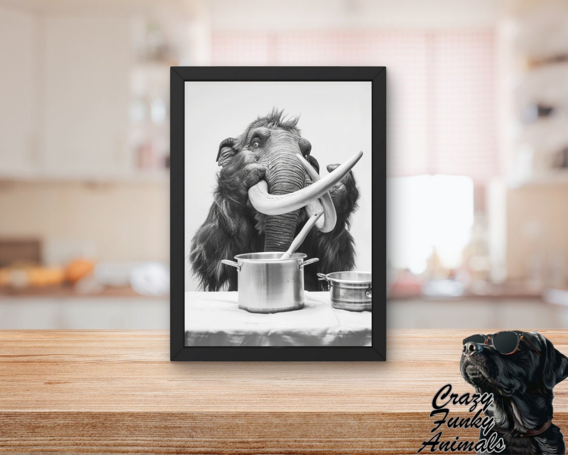 Woolly Mammoth Chef Stirring Cooking Pots Funny Animal Poster - Image 2