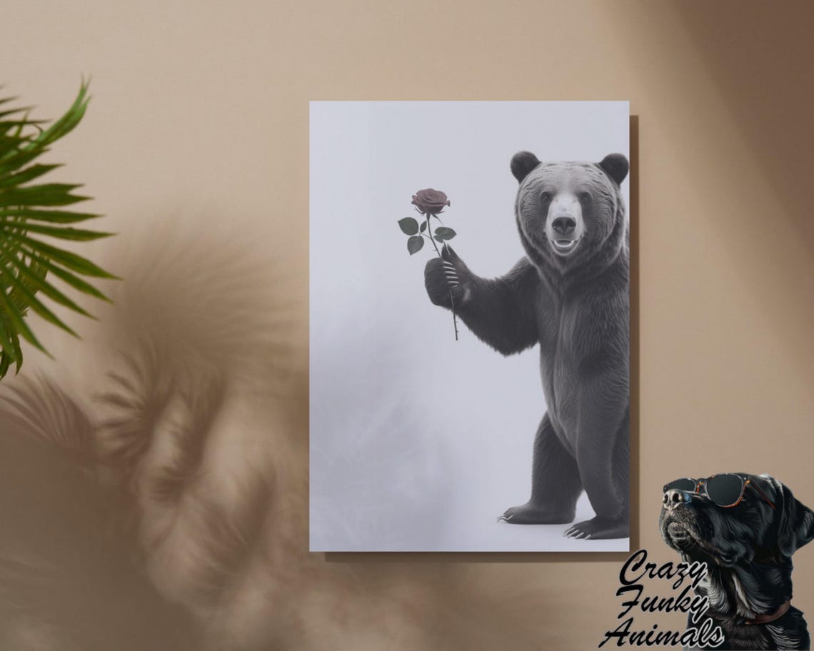 Bear Standing and Holding a Red Rose Romantic Black and White Poster - Image 2