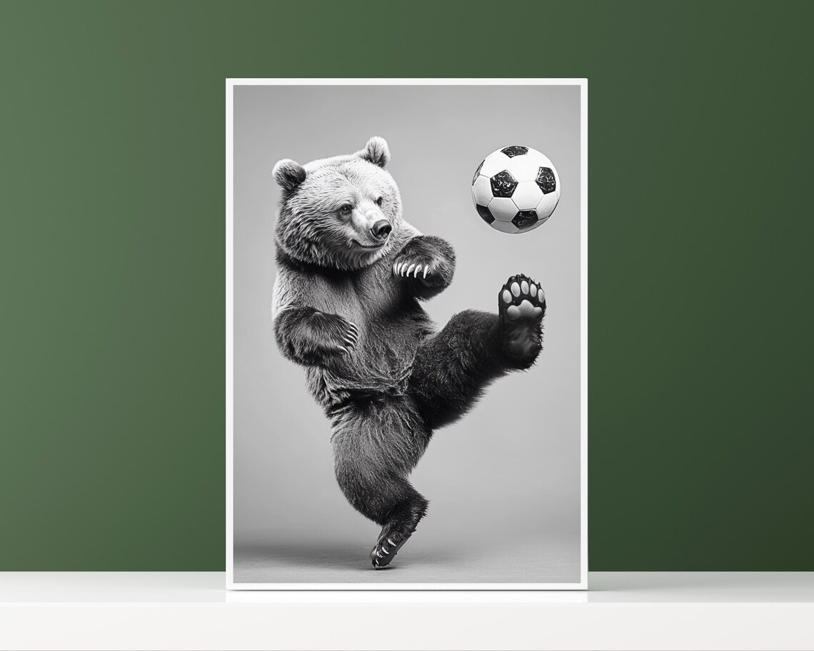 Bear Playing Soccer, Humorous Animal Art Print - Image 3