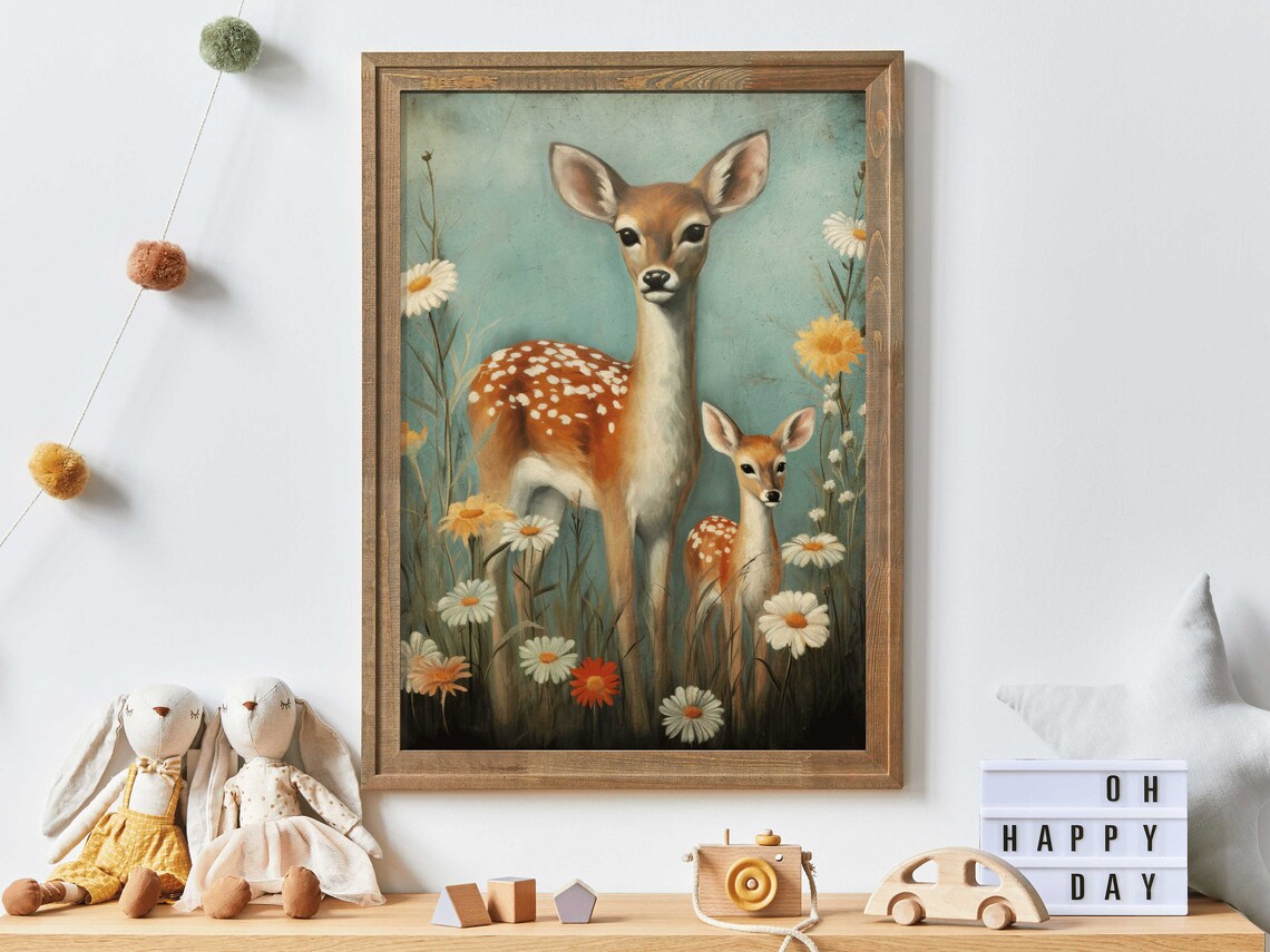 Doe And Fawn Among Daisies On Teal Vintage Nursery Animal Art Print