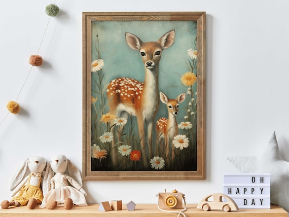 Deer Nursery Decor Nursery Animal Wall Art Vintage Deer Painting Forest Animal Print Cute Kids Room Decor Wall Decor