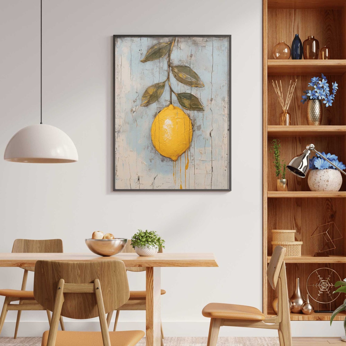 Single Hanging Lemon on Branch Rustic Citrus Fruit Still Life Poster - Image 2