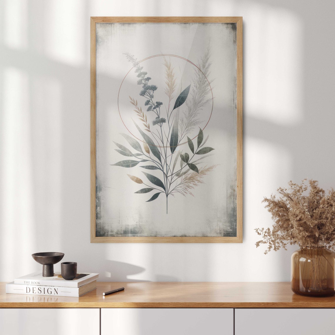 Minimalist Botanical Sprigs With Thin Circle Ring Vintage Art Print - Image 2