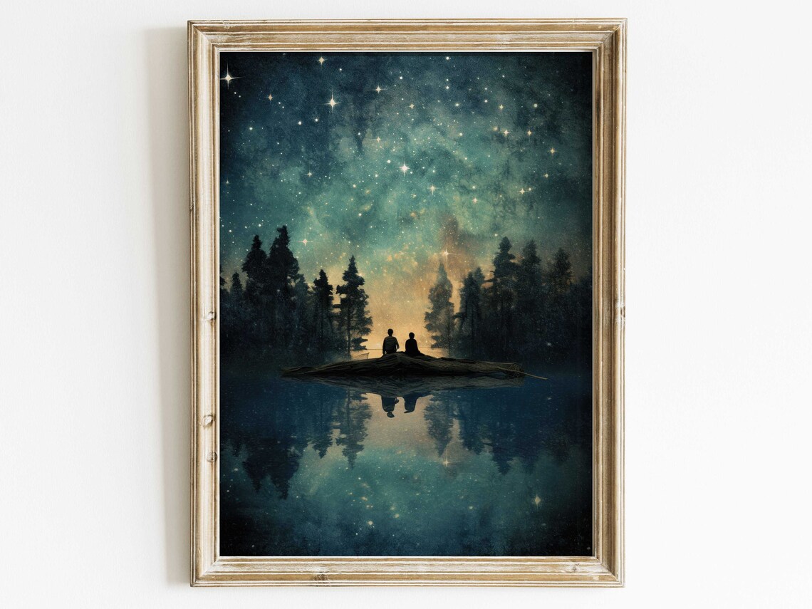 Watercolor Forest and Starry Lake Starlit Sky Art Print