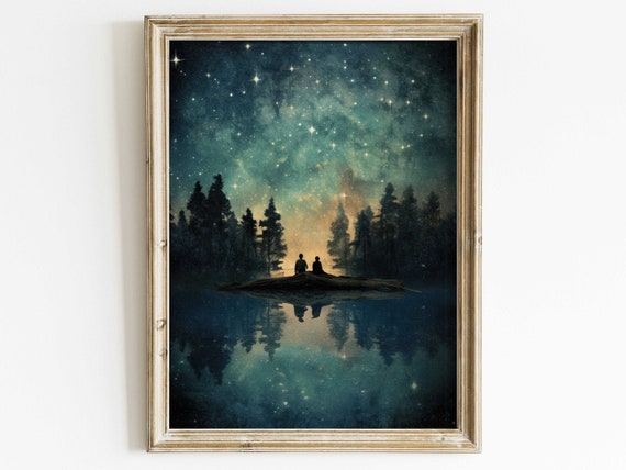 Watercolor Forest and Starry Lake Starlit Sky Art Print