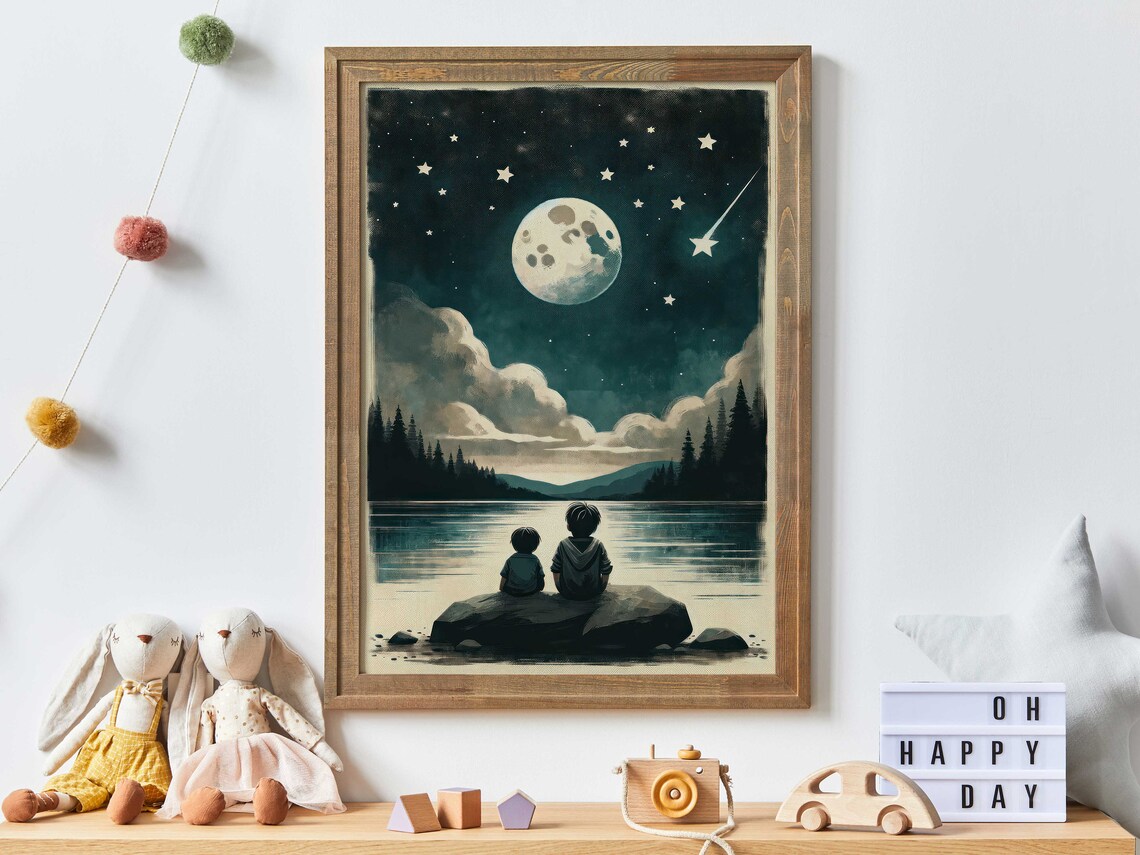 Brothers Room Stargazing Print, Moon Stars Decor
