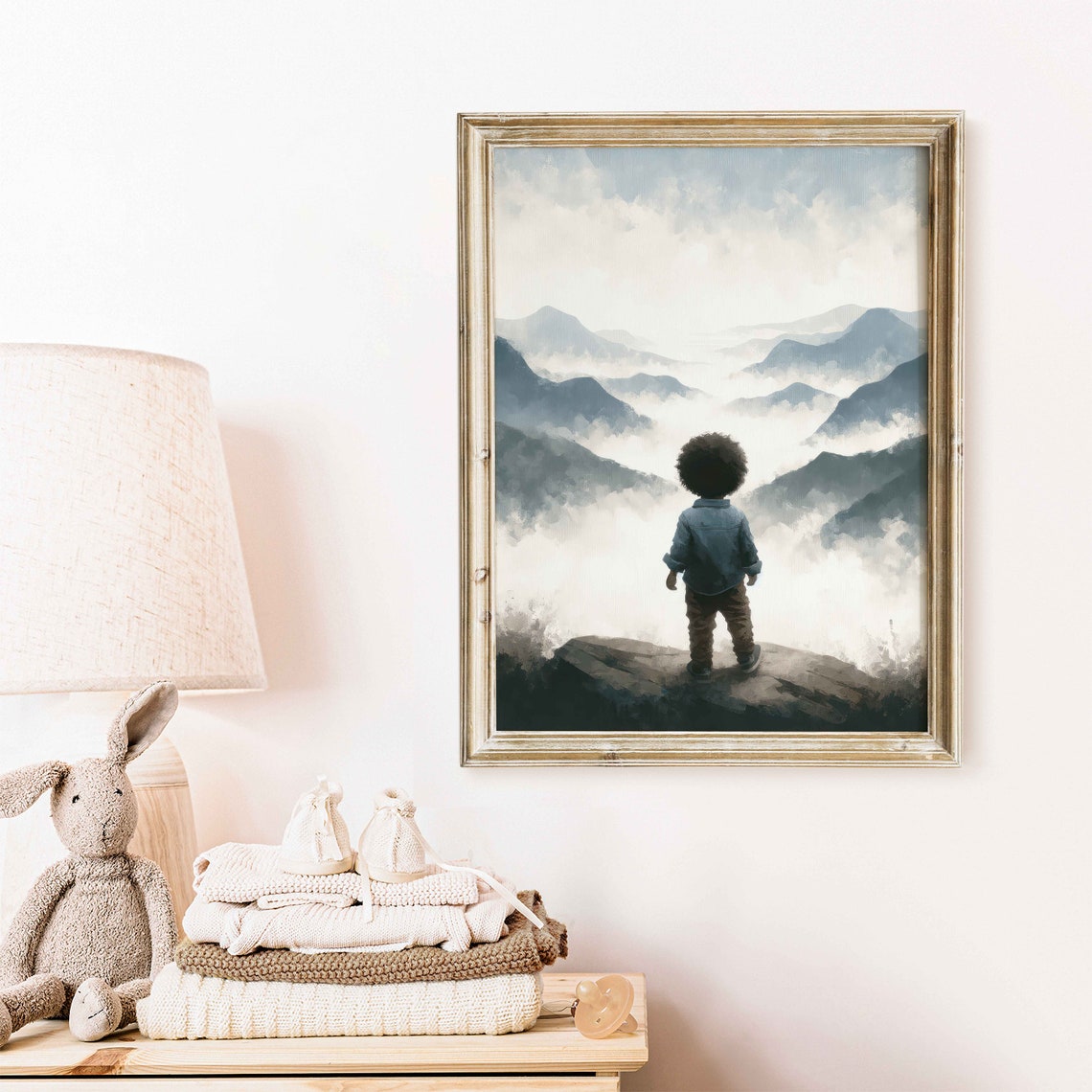 Little Boy Gazing Over Misty Mountain Peaks Nursery Wall Art - Image 2