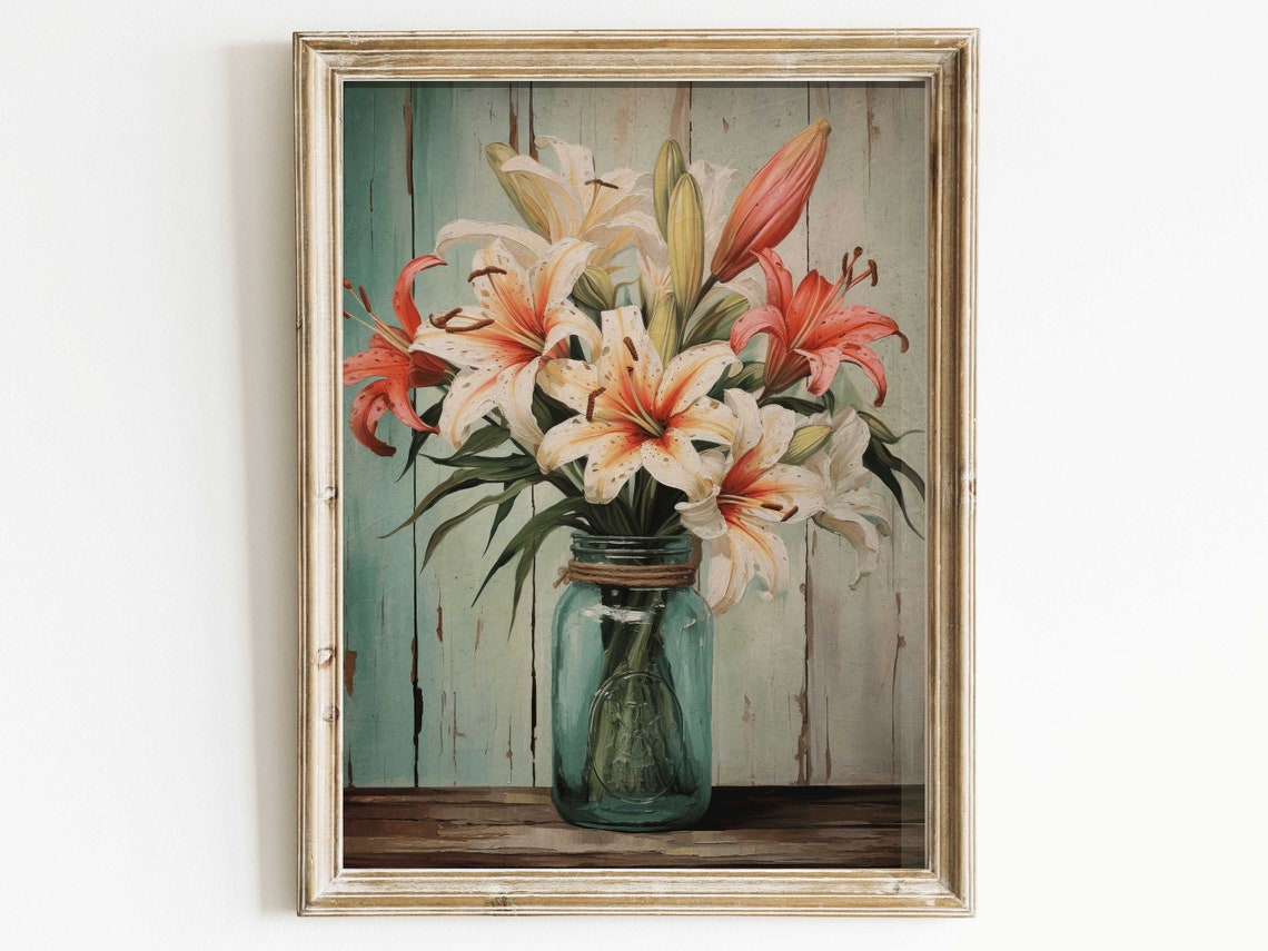 Tiger Lilies Bouquet in Glass Mason Jar Rustic Floral Wall Poster
