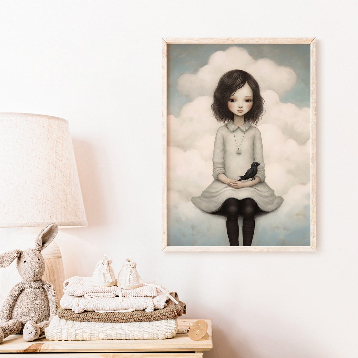 Whimsical Little Girl Sitting On A Cloud Holding Black Bird Poster - Image 2