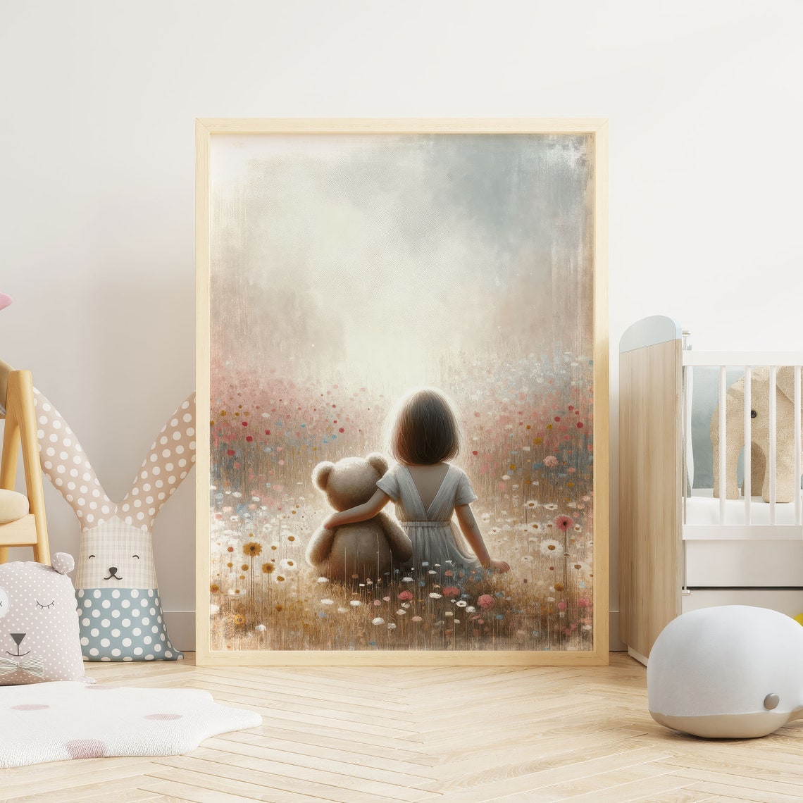 Little Girl with Teddy Bear Sitting in a Wildflower Meadow Poster - Image 2