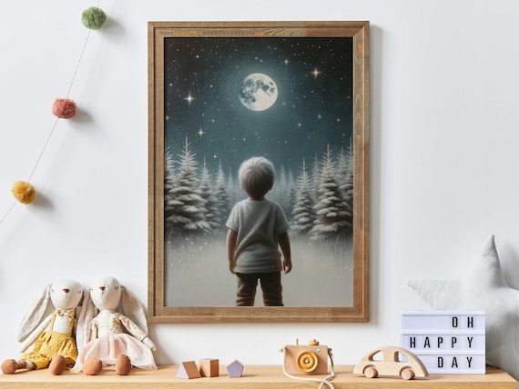 Stars Moon Nursery Decor Art Print, Boy's Room