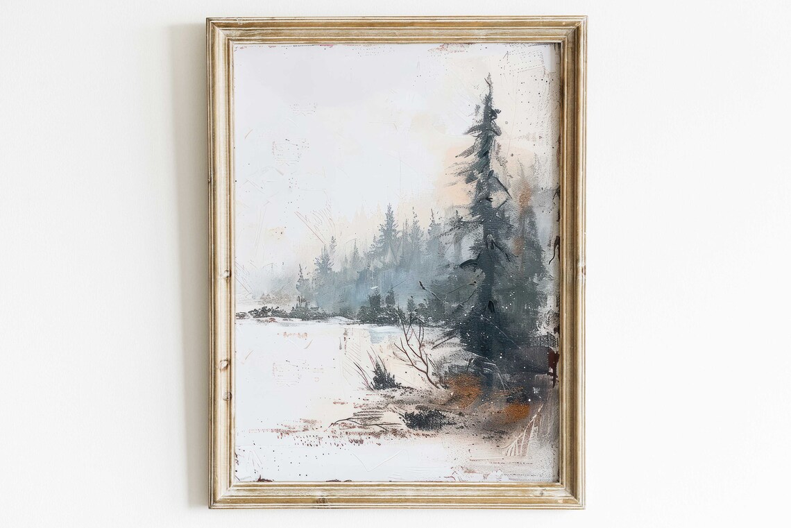 Misty Pine Forest Poster Moody Abstract Winter Woodland Landscape Art