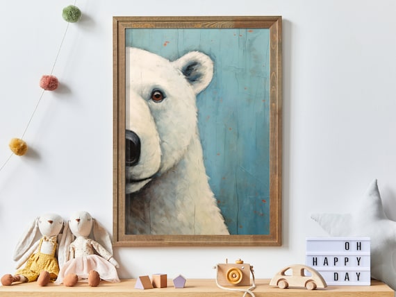 Painted Polar Bear Portrait Against Turquoise Nursery Poster