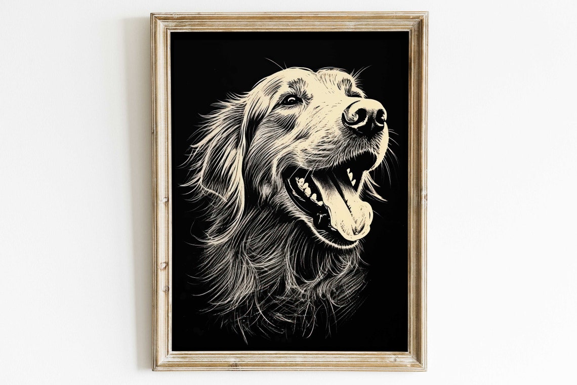 Golden Retriever Line Drawing on Black Background Dog Poster