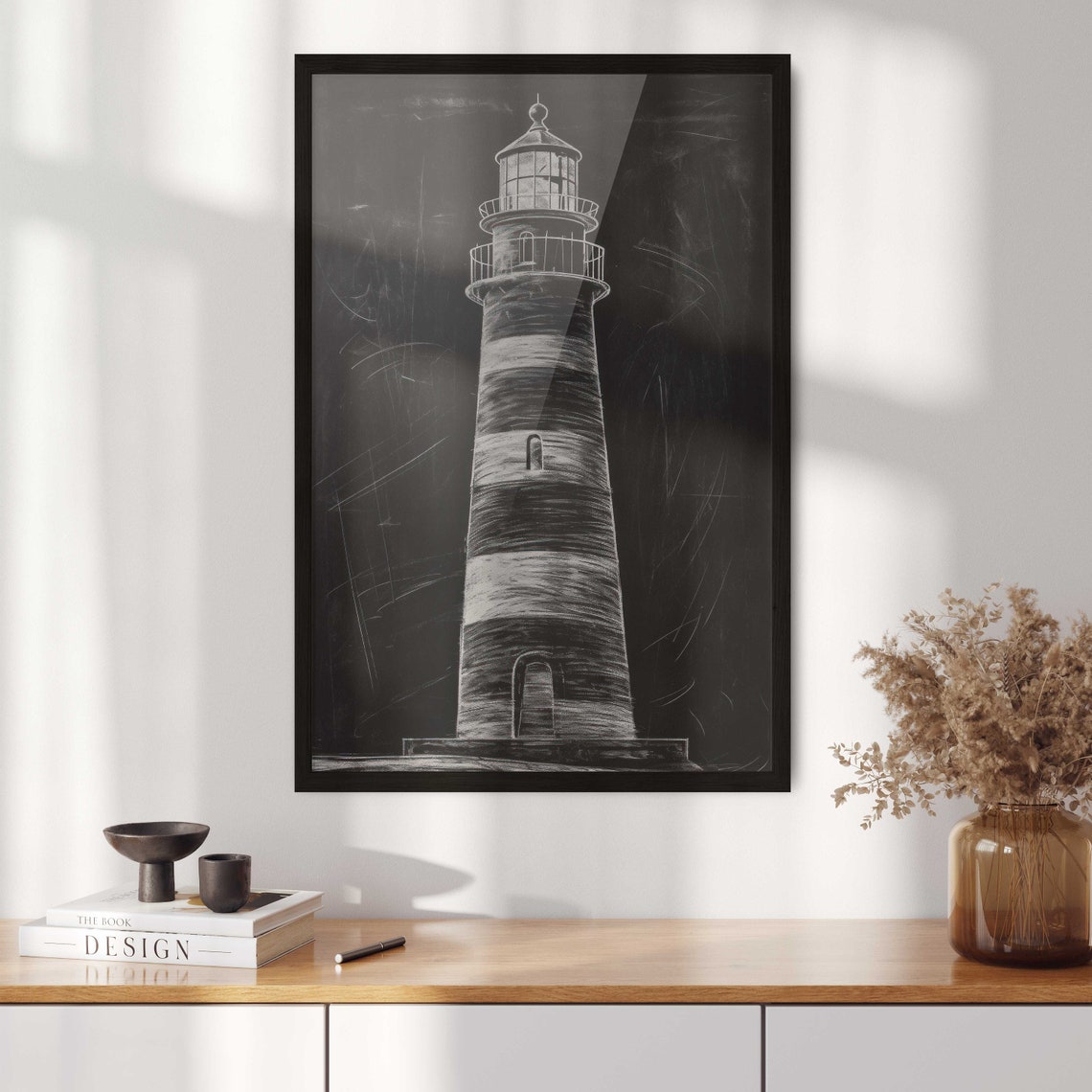 Tall Striped Lighthouse White Chalk Sketch On Blackboard Poster - Image 2