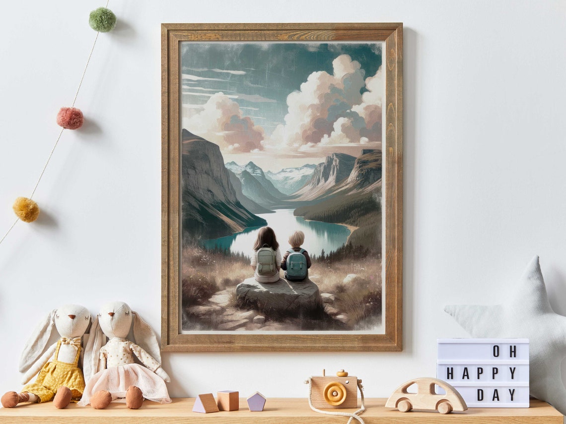 Brother And Sister With Backpacks Overlooking Alpine Lake Poster
