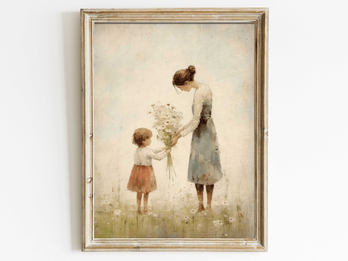 Child Giving Mother Wildflowers In Meadow Tender Motherhood Art Print