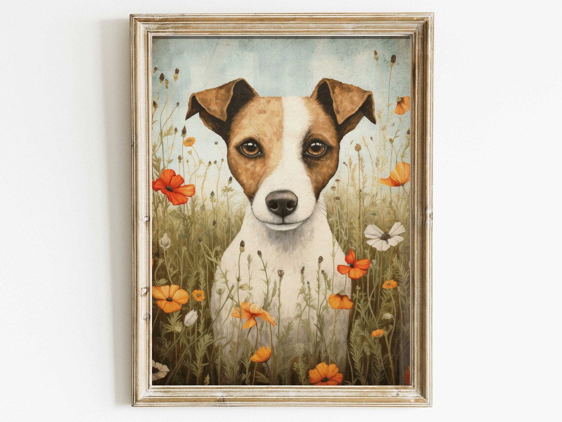 Jack Russell Terrier Dog Portrait Among Orange Poppies Art Print