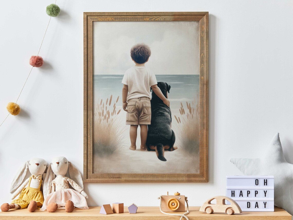Sweet Little Boy And His Big Black Dog Gazing At The Sea Poster - Image 2
