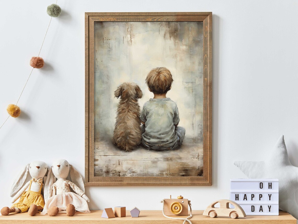 Puppy Nursery Print, Vintage Boy and Dog Art
