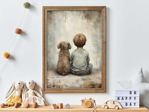 Puppy Nursery Print, Vintage Boy and Dog Art