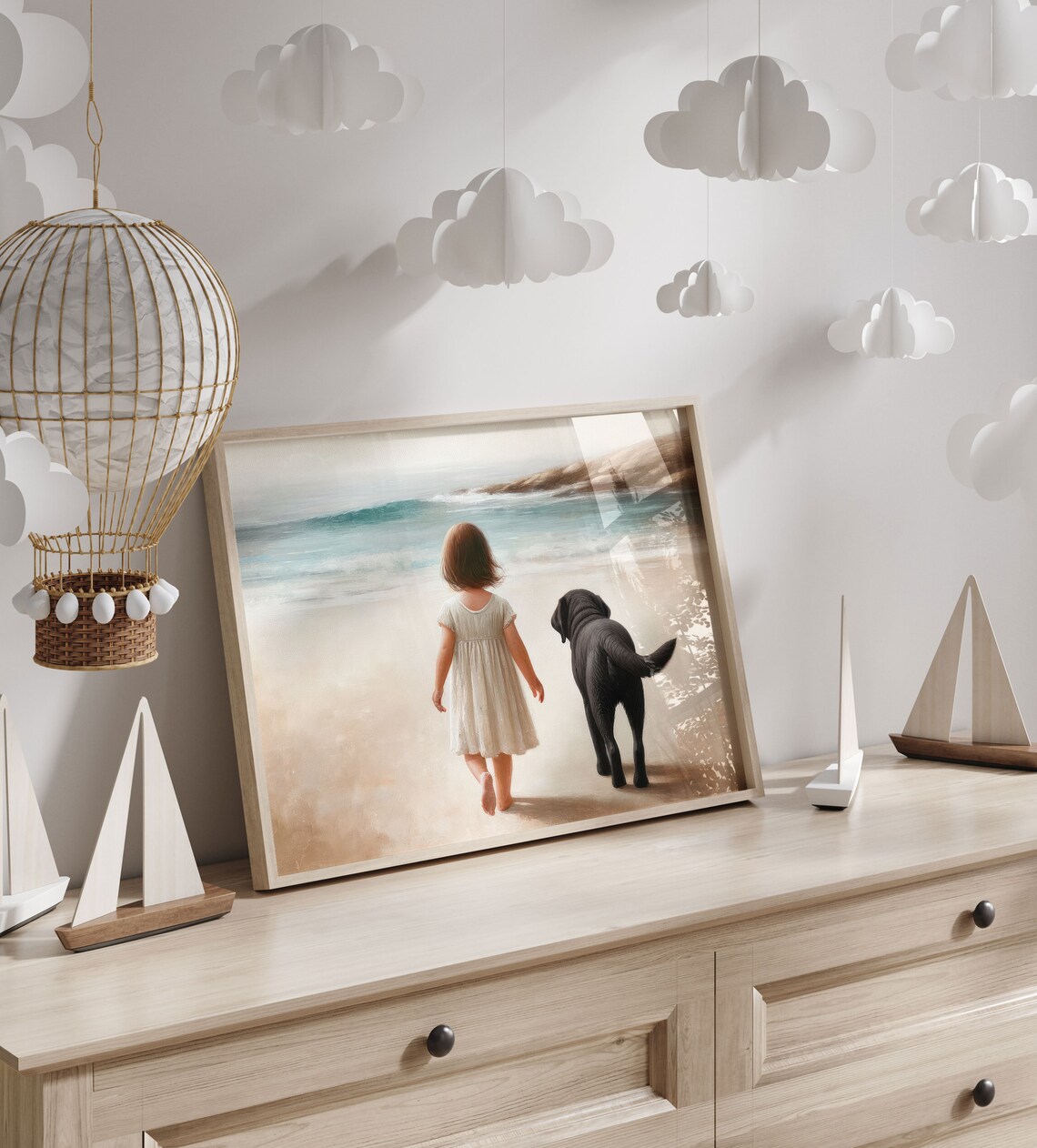 Little Girl and Black Labrador Dog Walking Together on Beach Poster - Image 2