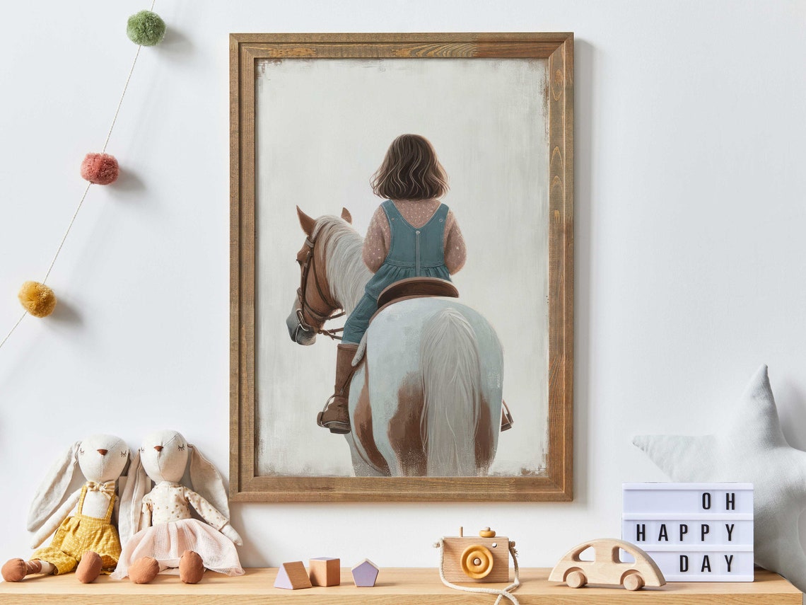 Girl In Denim Overalls Riding A Pinto Horse Viewed From Behind Poster