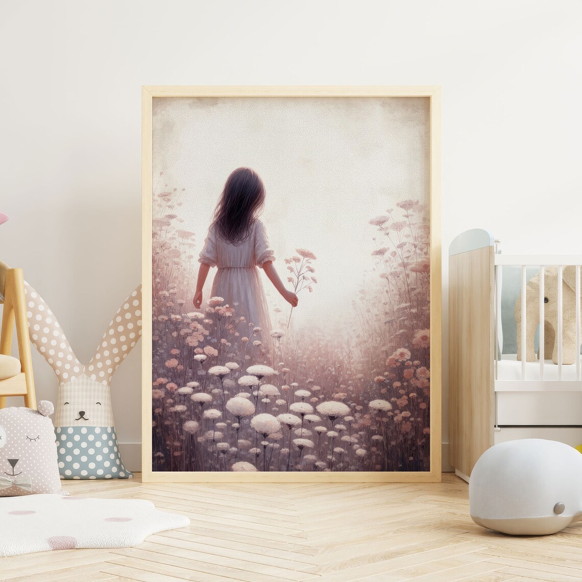 Girl Walking Through Soft Pink Wildflower Field Dreamy Vintage Art Print - Image 2