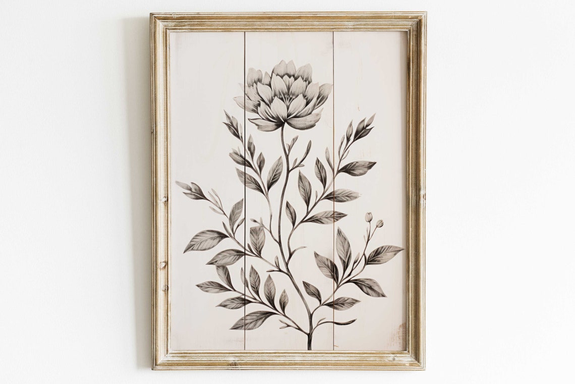 Grayscale Peony Bloom Vintage Botanical Sketch Whitewashed Wood Poster