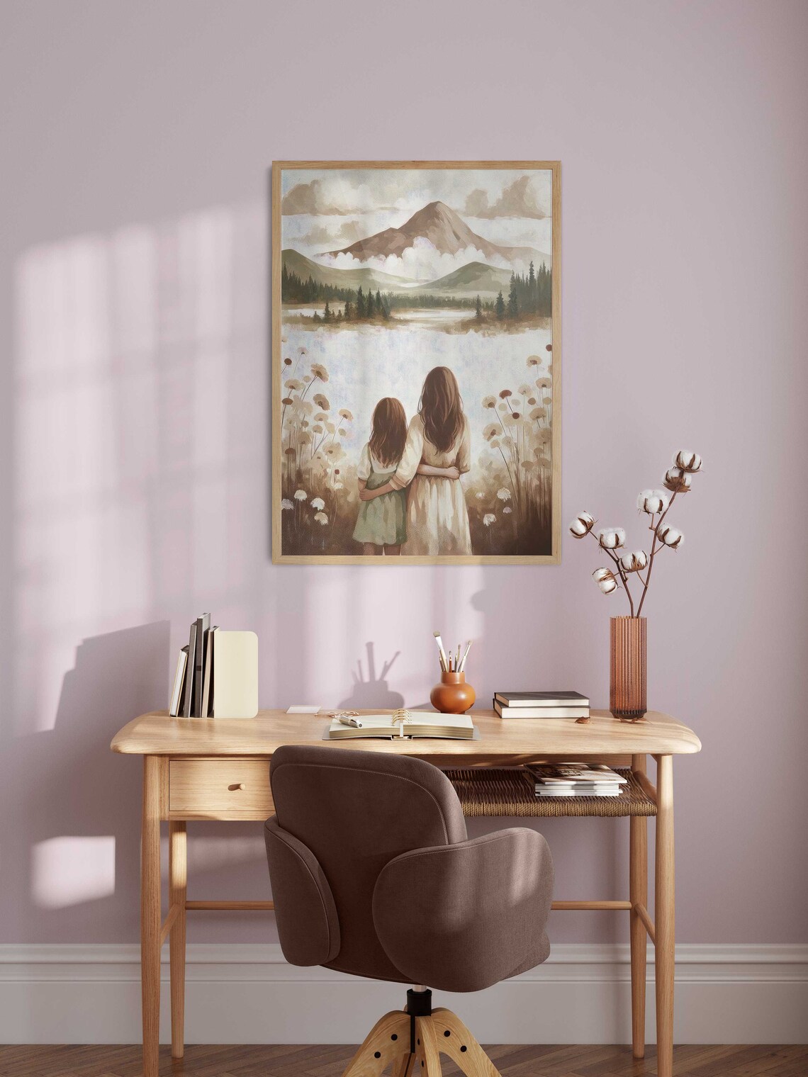 Mother And Daughter Watching Mountain Lake In Wildflower Field Art Print - Image 2